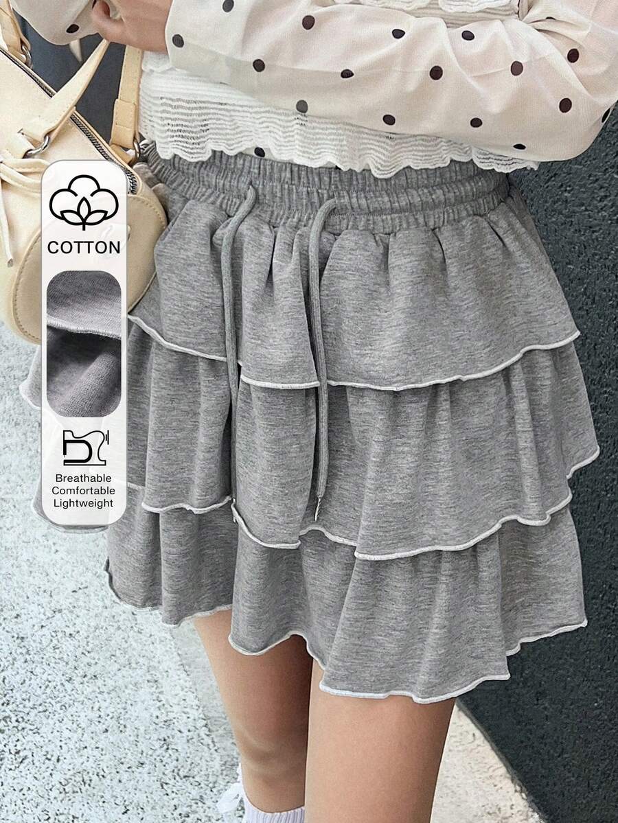 FRIFUL Váy xếp tầng nhiều lớp có dây rút eo dành cho nữ - Xám - Xem 1