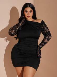 SHEIN BAE Vestido curto de manga longa com renda preta, elegante para encontros e passeios, vestido plus size para primavera e verão - Preto - Visão 4