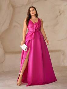 SHEIN Belle Petite Curve Plus Size Petite Fuchsia Deep V-Neck High Slit Asymmetrical Bow Formal Dress,Elegant Evening Gown,Pink,Spring,Formal Party,Prom,Fit For 150-160cm - Hot Pink - View 3