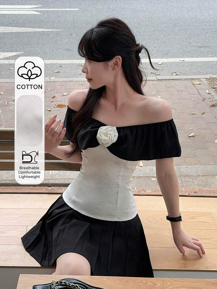 Women's Contrast Color Off-Shoulder Floral Top