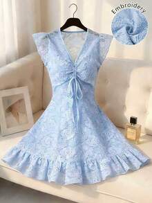 Franclia Lace Embroidered Cap Sleeve Vacation Dress - Blue - View 1