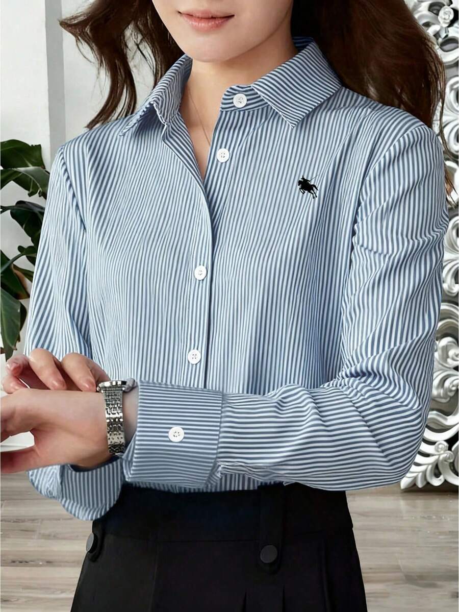EMERY ROSE 女士长袖衬衫，翻领，纽扣前襟，条纹马匹图案印花设计，休闲宽松版型，日常百搭蓝色条纹衬衫，女士优雅商务休闲衬衫，女士正式衬衫 - 彩色 - 查看 1