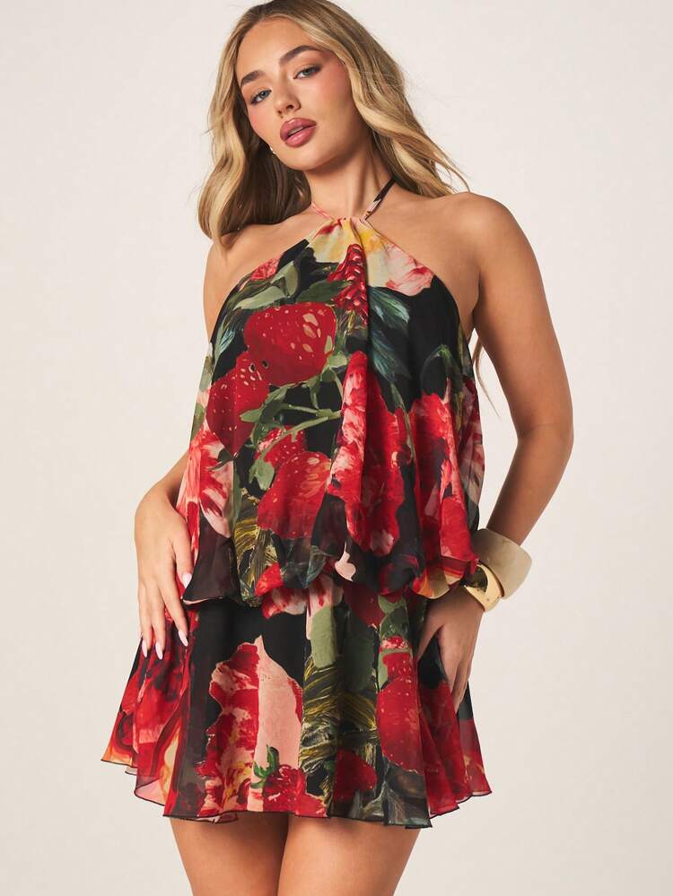MISSGUIDED Tropical Floral Print Halter Neck Sleeveless Ruffle Tiered Chiffon Mini Dress Summer Beach Party Vacation Resort Wear