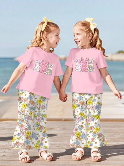 SHEIN Baby Girls' T-Shirt & Bell-Bottom Pants Set, Pink T-Shirt Top With Cute Rabbit Print, Floral All-Over Print Bell-Bottom Pants, Suitable For Outings In Spring, Summer, Autumn And Winter