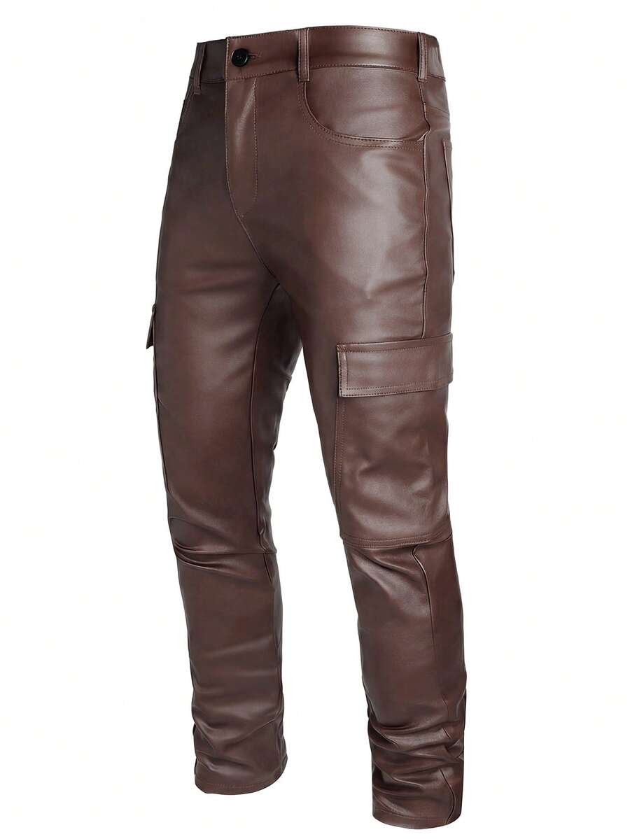 HUEFORM Pantaloni cargo casual da uomo in stile punk di strada in pelle PU con tasche a patta - Caffè Marrone - Visualizzare 1