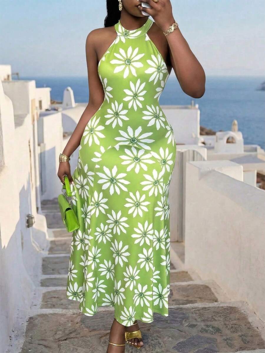 Xyvia 女士绿色印花无袖高领收腰修身A字连衣裙，优雅设计，适合情人节、复活节、劳动节、生日、约会、派对、正式场合、教师装、旅行、春夏穿着。 - 綠色 - 查看 1