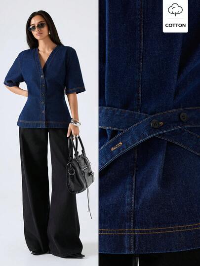 LYSMO 2026 New Arrive Minimalism Spring/Arrival Women's V-Neck Single-Breasted Short Sleeve Casual Denim Blouse/ Summer/Summer/Summer Top/Summer /Summer For Women/ Summer Top/Spring Women / Spring Women/ Beach / Beach/Weddings & Events / Going Out Top/ Going Out Top /Going Out Top For Women /Going Outs / Going Out Denim Blouse/ Elegant Blouses For Ladies / Holidays For Women /Casual Blouses For Women/ Casual For Women /Blue Top /Y2K Denim Blouse/BOHO Denim Blouse