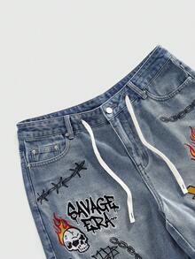 ROMWE MEN Men's Street Style Embroidered Denim Shorts - Blue - View 5