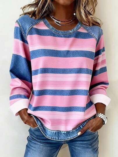 T-shirt à manches longues pour femmes, motif imprimé à rayures bicolores, tenue décontractée pour l'automne