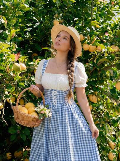 SHEIN MOD 大码夏季女式复古蓝色格子拼布连衣裙，春季