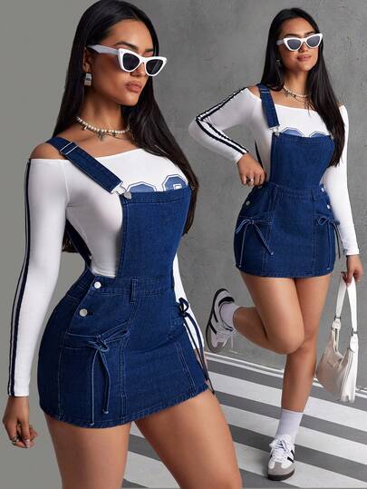 SHEIN PETITE 女士夏季休闲通勤蝴蝶结装饰修身牛仔背带裙