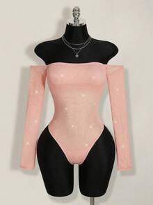 SHEIN ICON 女士纯色水钻装饰露肩长袖连体衣 - 粉色 - 查看 3