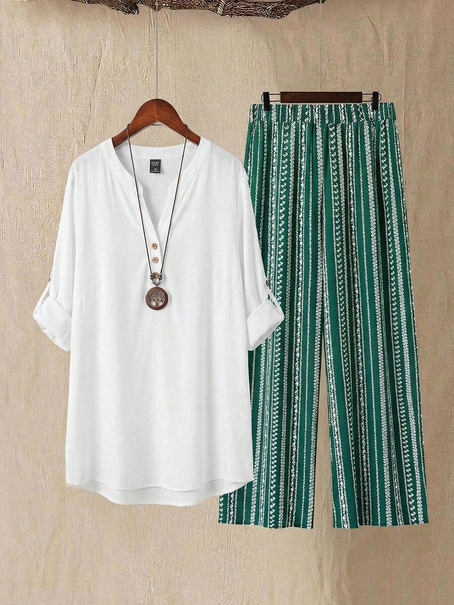 Rusticease 女式休闲纯色缺口领衬衫和条纹裤两件套，秋季 - 綠色 - 查看 1