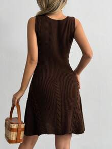 SHEIN 无袖罗纹针织A字迷你连衣裙，船领 - 棕色 - 查看 2