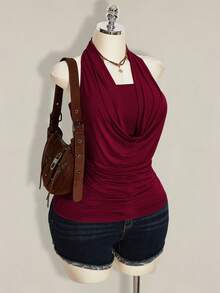SHEIN ICON Plus Size 2pcs Western Women Going Out Summer Boho Halter Neck Brown Backless Women Tank Tops & Camis - Burgundy - View 8