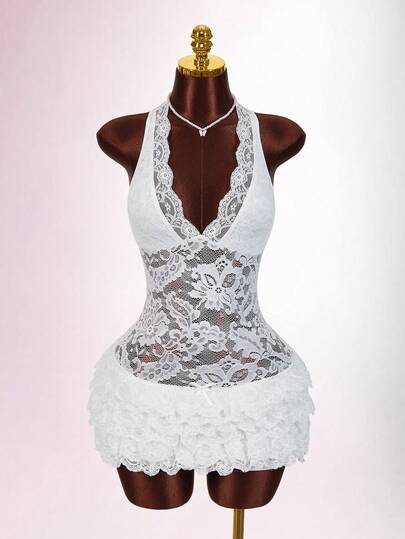 Amplova Romantic Vintage Lace Black Sheer Deep V Waist Layered Cake Skirt Mini Dress For Women