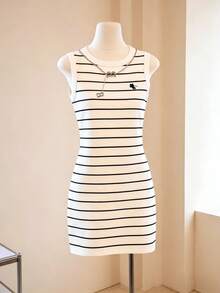 Resyla Vestido de mujer de cuello redondo ajustado sin mangas con estampado de rayas, nueva llegada primavera/verano - Multicolor - Ver 3