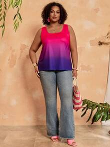 BrightlyHer Tank Top Kasual Leher Persegi Motif Ombre untuk Wanita Ukuran Plus - MultiWarna - View 5