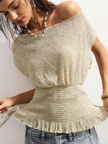 Bohemela 女士休闲纯色针织露肩宽松T恤 - 綠色 - 查看 7