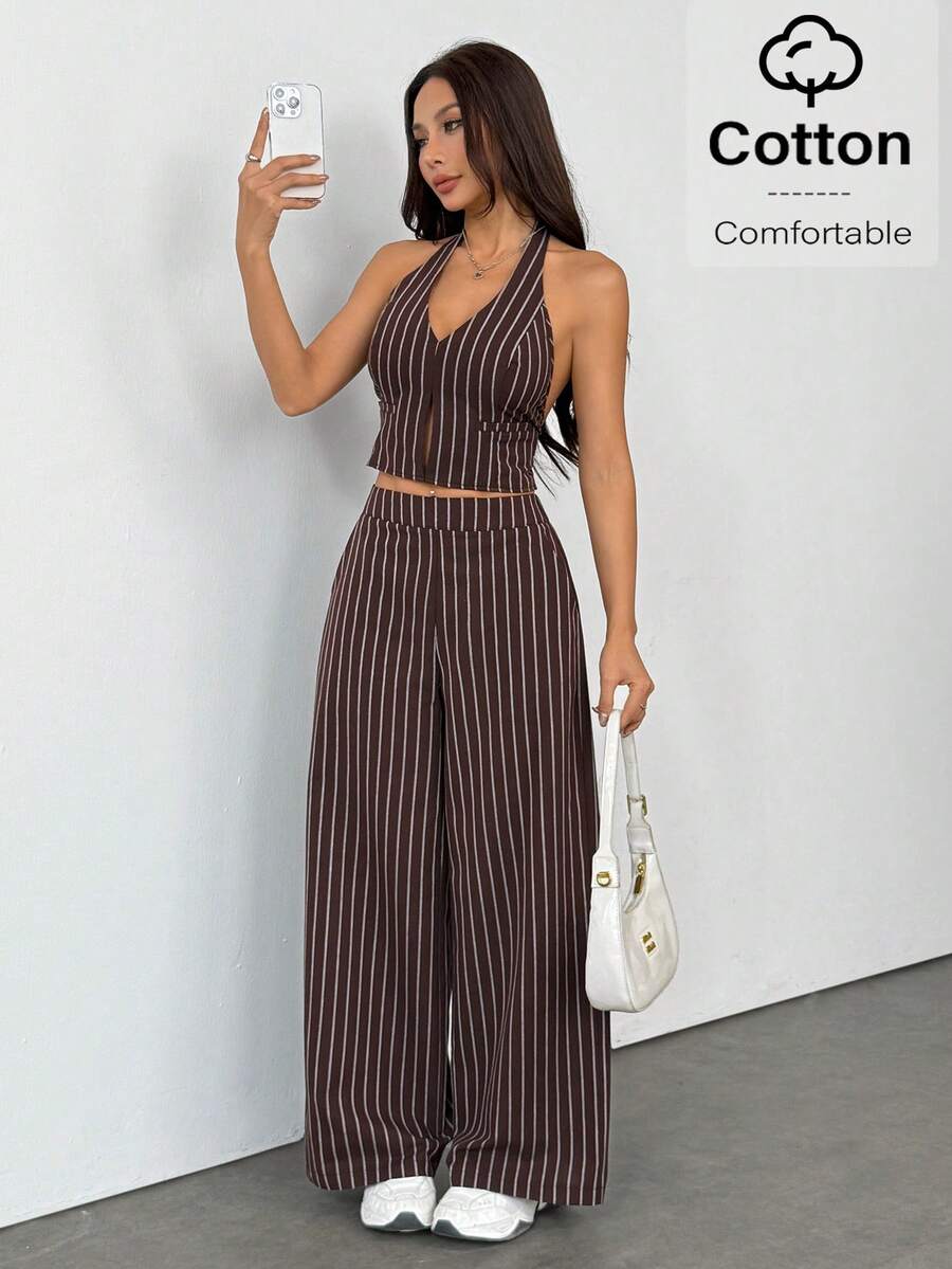 SHEIN PETITE Spring/Summer Office Lady V-Neck Sleeveless Top With Open Back & Wide Leg Pants, Slimming And Lengthening Outfit For Streetwear Brown Two Piece Set Women Striped Two Piece Set