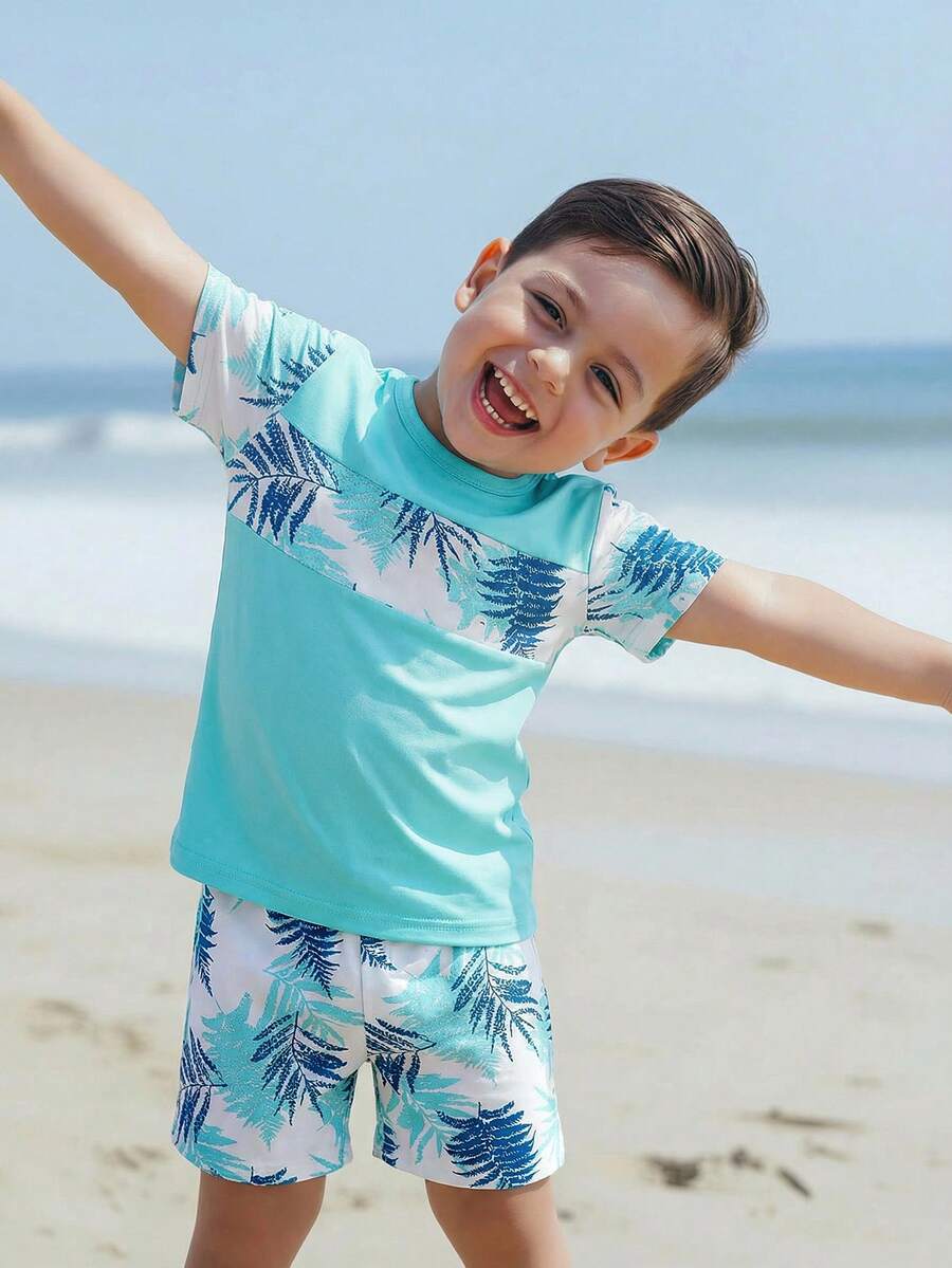 SHEIN Playful Pals 2件套男童休闲树叶印花圆领短袖短裤套装,夏季 - 薄荷綠 - 查看 1