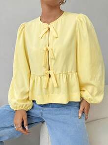 SHEIN EZwear 春夏新款雪纺女士花瓣袖蝴蝶结休闲度假衬衫 - 鵝黃色 - 查看 3