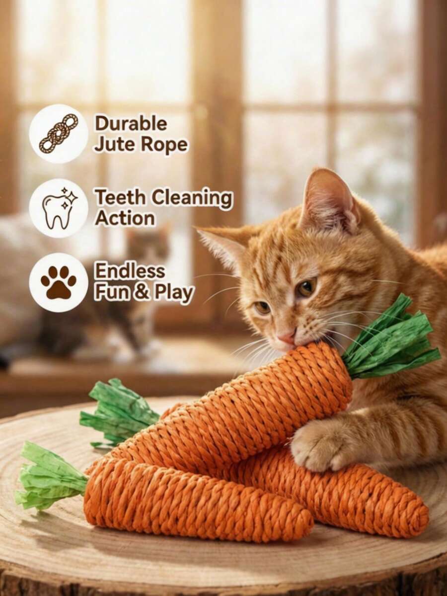 PETSIN 1件宠物用品 - 猫绳玩具、纸绳玩具、胡萝卜猫玩具、猫咪自娱自乐玩具(缓解无聊)、磨爪磨牙玩具 - 橘色 - 查看 1