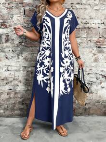 EMERY ROSE Vestido de manga corta con estampado de bloques de color para mujer talla grande de primavera - Multicolor - Ver 6