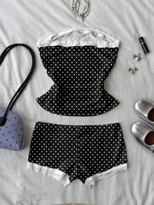 Attitoon Women's Casual Retro Shorts Set, Bandeau Top And Super Low-Waist Shorts Set, Lace Patchwork, Polka Dot Print, Y2K Style, Women's Daily Wear - Multicolor - View 3