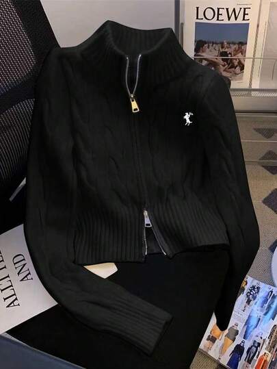 Resyla Suéter de manga larga con cremallera, de unicolor y estilo minimalista casual para mujer