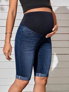 SHEIN Maternity Solid Color Casual Denim Shorts - Dark Wash - View 6