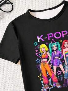 Tween Girls Glow-In-The-Dark Pajama Set, Black Short Sleeve Top With Girl Group Print And Black Leggings With Star & Heart Print, Tight Fit Style Runs Small, Recommend Sizing Up - White - View 5