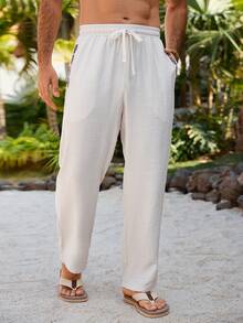 Manfinity RSRT 男士弹力腰带抽绳口袋休闲宽松裤，夏季百搭 - 卡其色 - 查看 4