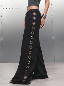 LYSMO Petite Quần đen thời trang khoét lỗ dành cho nữ - màu đen - Xem 5