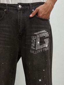 GALLERY FADE Men's Hiphop Street Fashion Rhinestone Embellished Luxury Washed Gray Straight Leg Wide Jeans - Dark Grey - View 3