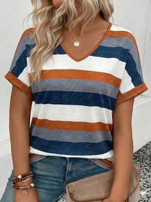 EMERY ROSE New Plus Size Women's Fashion Printed Striped V-Neck Versatile Colorful Retro Short Sleeve T-Shirt - Multicolor - View 1