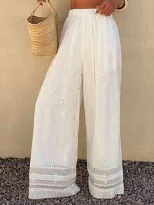 DAZY Women's Floral Embroidery Hollow Out Elastic Waist Casual Pants - White - View 1