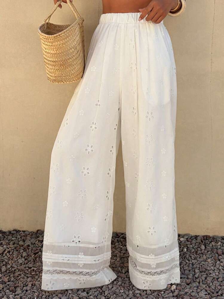 Women's Floral Embroidery Hollow Out Elastic Waist Casual Pants
