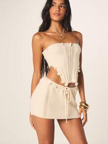 MISSGUIDED Chân váy ngắn phối ren móc với chi tiết buộc dây, viền tua rua và dây rút ở eo, lý tưởng cho kỳ nghỉ hè ở bãi biển. - Màu be - Xem 1