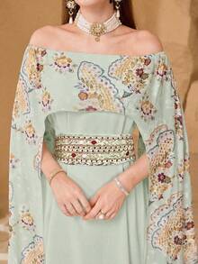 Modelyn Elegant Floral Decor Women's Cinched Waist Flattering Midi Dress - Pastel Green - View 5