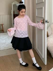 DAZY Tween Girls Round Neck Lace Fabric Fitted Flare Sleeve T-Shirt, Fall - Pink - View 4