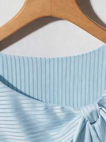 GlowEve 女式纯色扭结纽扣装饰短袖时尚T恤，夏季 - 藍色 - 查看 5