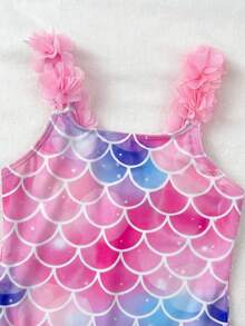 SHEIN 少女美人鱼鳞片图案连体泳衣 - 粉色 - 查看 9