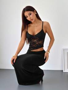 SHEIN PETITE 夏季海滩度假纯色黑色蕾丝性感透视吊带长裙，适合日常约会、夜间外出、夜店、派对、聚会、鸡尾酒会、泳池派对、返校季服装、开学季连衣裙、节日连衣裙、女士连衣裙、女士纯色性感无袖连衣裙、白色连衣裙、度假连衣裙、女士派对连衣裙、圣诞派对连衣裙 - 黑色 - 查看 1