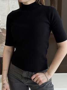 Katetique 女式半高领修腰七分袖毛衣上衣 Y2K 秋季 - 黑色 - 查看 3