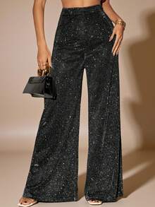 SHEIN Tall Casual Shiny Knit Material High Waist Wide Leg Pants For Women - Black - View 1