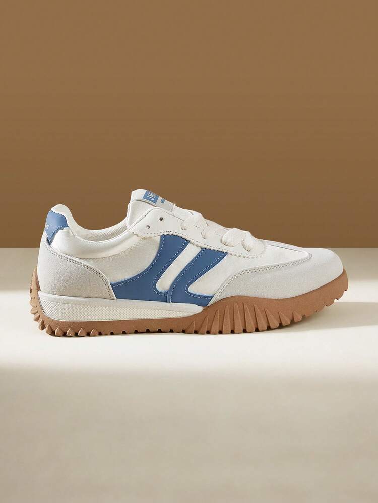 CUCCOO EASI Contrast Color Solid Preppy Casual Gym Sneakers For Women, Lace-Up Brown Patchwork Flat Casual Shoes, Retro Fashion Outdoor Sports Running Shoes