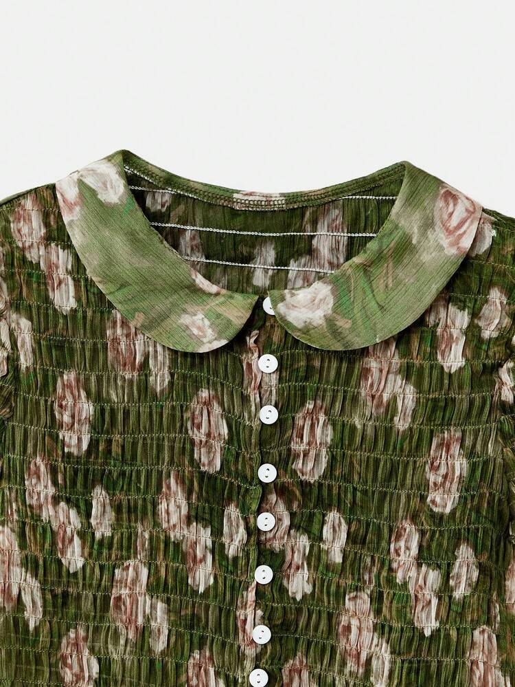 Green Short Sleeve Gathered Crop Top With Baby Doll Collar Spring Summer Vacation French Style Parisian Style Cute Top Going Out Office Cute Vintage Top