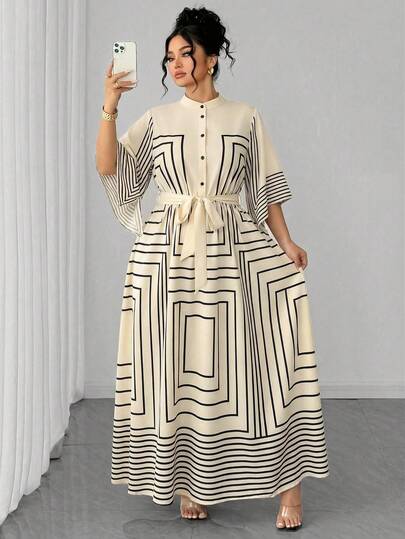Elenzga 大码春夏立领开襟中袖几何黑白条纹印花A字收腰显瘦长袖优雅OL风黑色连衣裙，A字下摆