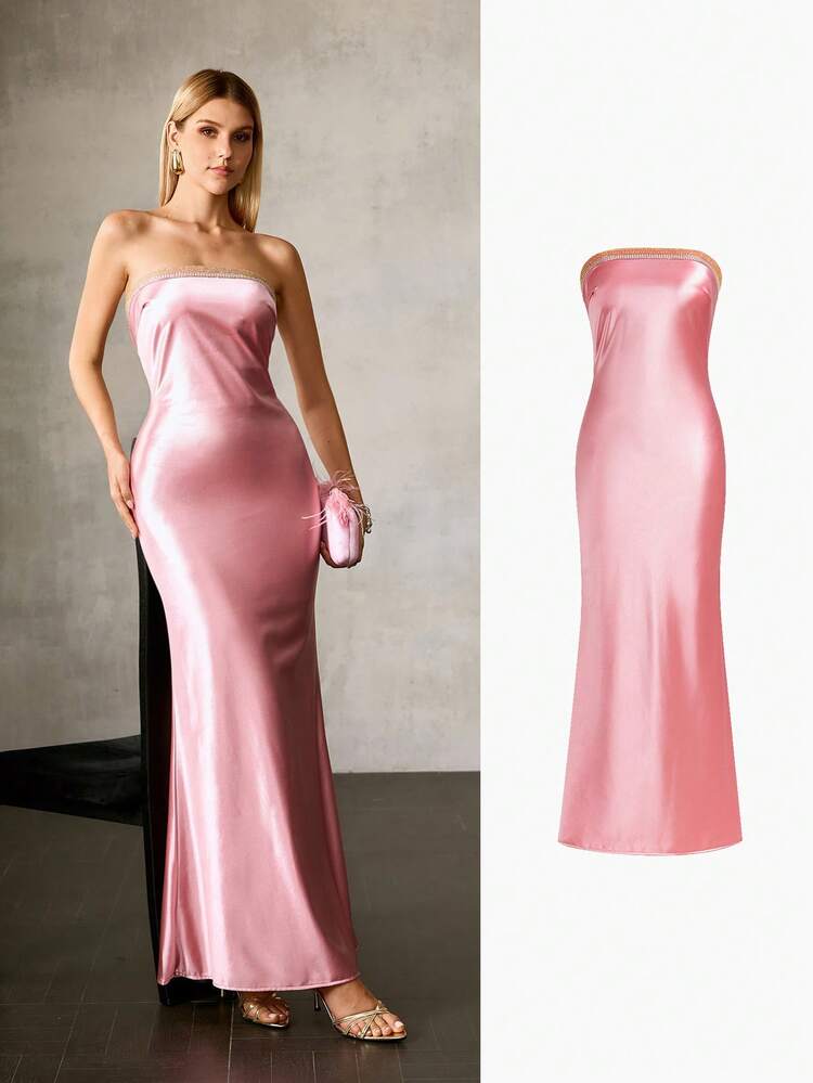 BEADED EMBROIDERED STRAPLESS MERMAID HEM COCKTAIL DRESS